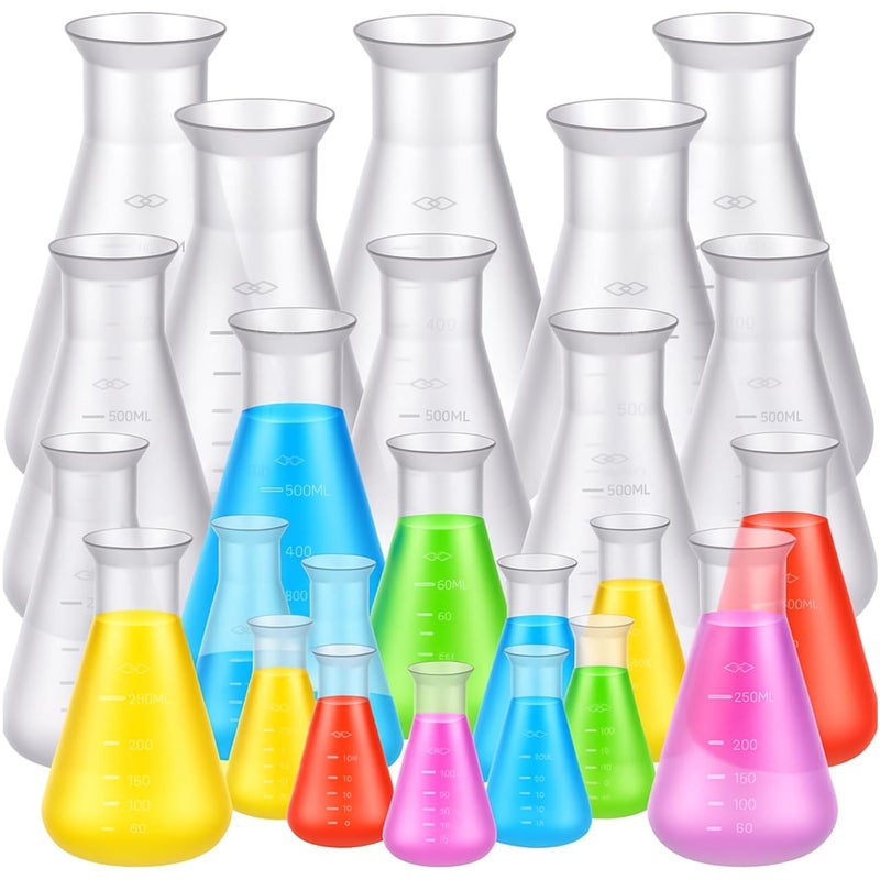 DoubleFill 20 Pcs Plastic Beakers for Kids Class and Party, Scientific Conical Flask, Laboratory Chemical Erlenmeyer Education Learning Tool, 50ml, 100ml, 250ml, 500ml, 1000ml - Image 1